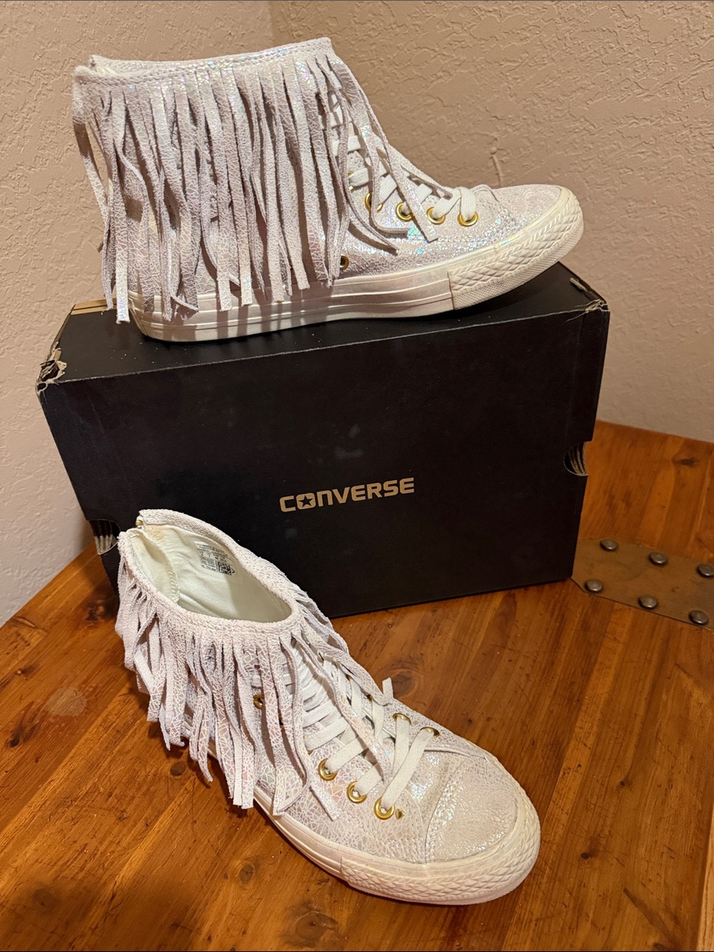 Converse Iridescent Fringe Off White Women's Leather High-Top Sneakers